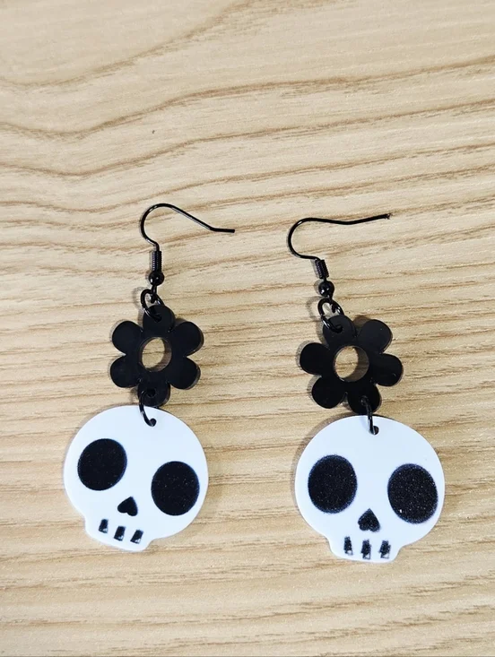 Skull Daisy Earrings Black White Gothic Floral Playful Edgy Dangle Statement - Picture 2 of 4